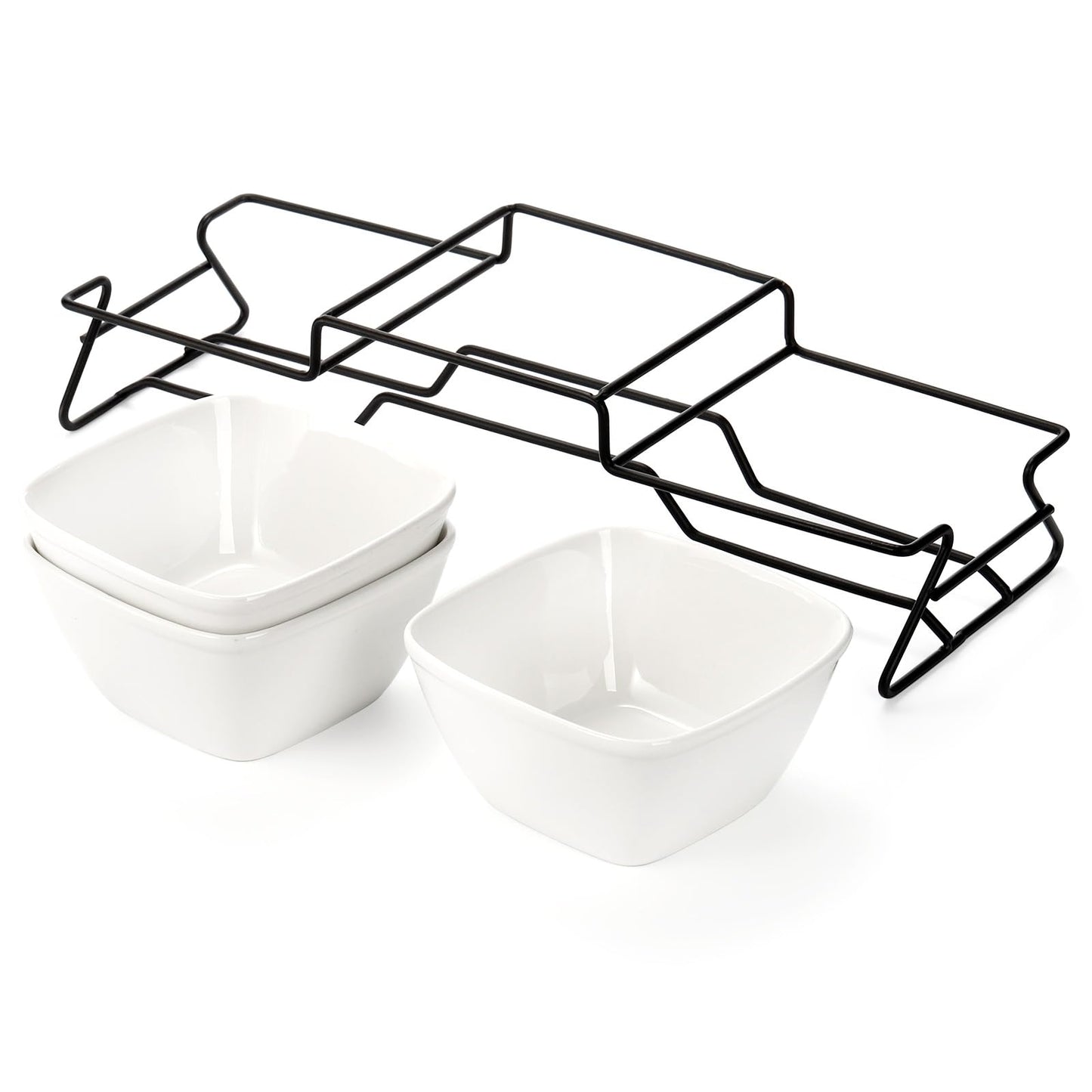 ZENFUN 10 oz Square Bowl Chip & Dip Serving Set, Pocelain Ramekin Bowls with Metal Rack Stand, White Small Serving Dishes, Condiment Serving Tray for Entertaining, Party, Buffets, Christmas