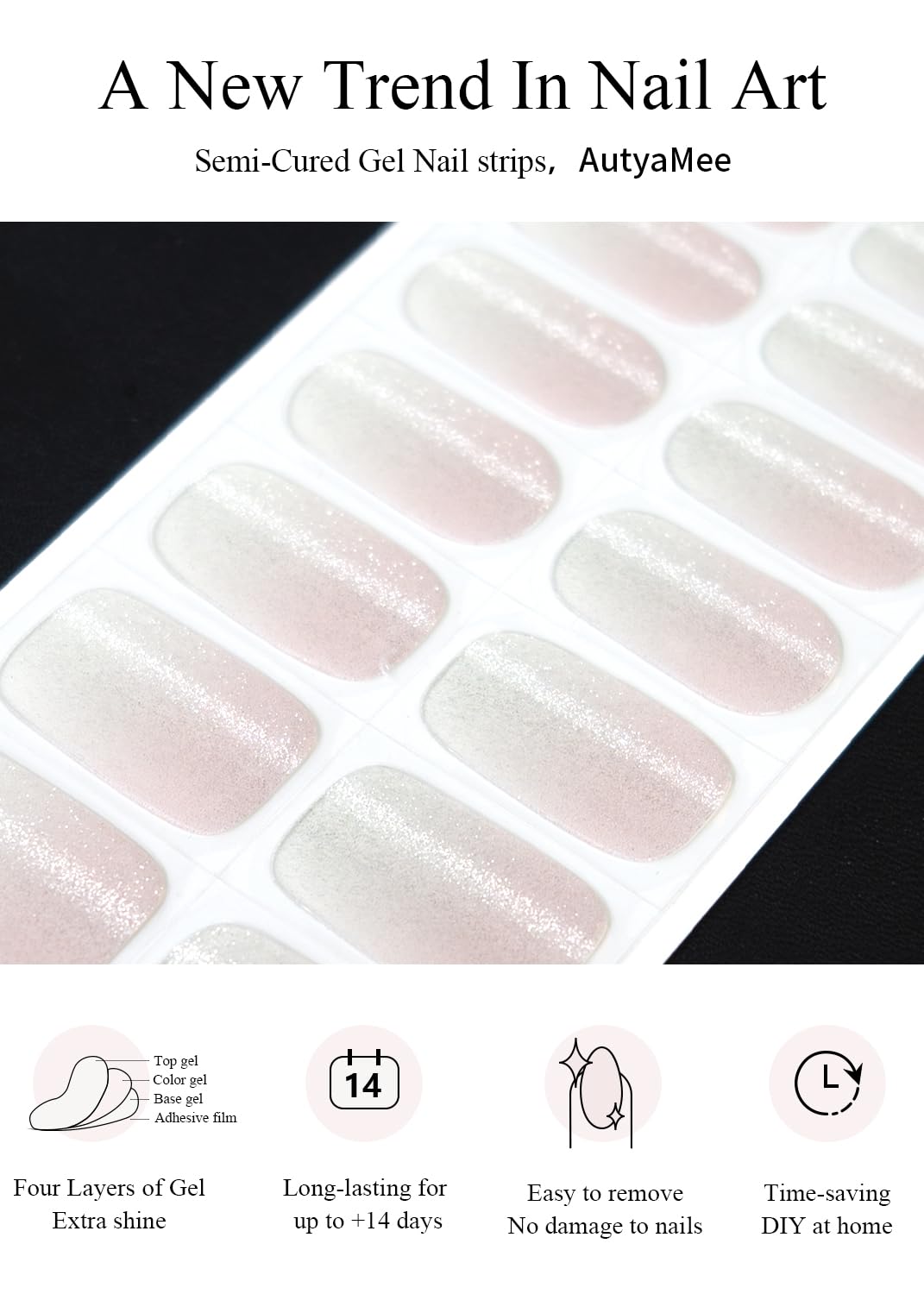 AutyaMee Semi Cured Gel Nail Strips (Crystal Cat Eye), Pink Omber, 20 Pcs Gel Nail Wraps, Stickers, UV Light Required, Salon Quality, Long Lasting
