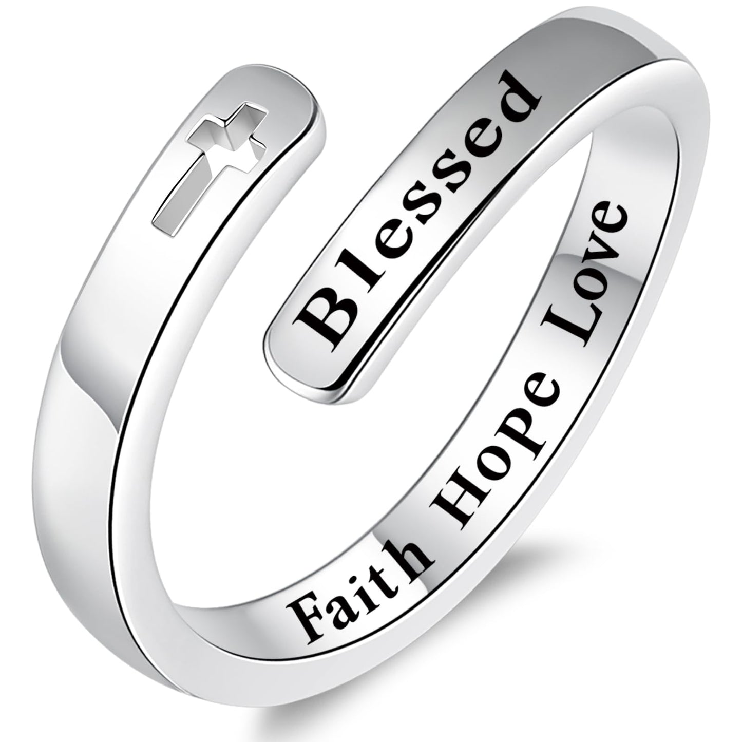 925 Sterling Silver Inspirational Jewelry Adjustable Wrap Open Ring Encouragement Gift for Women(Blessed Faith Hope Love)