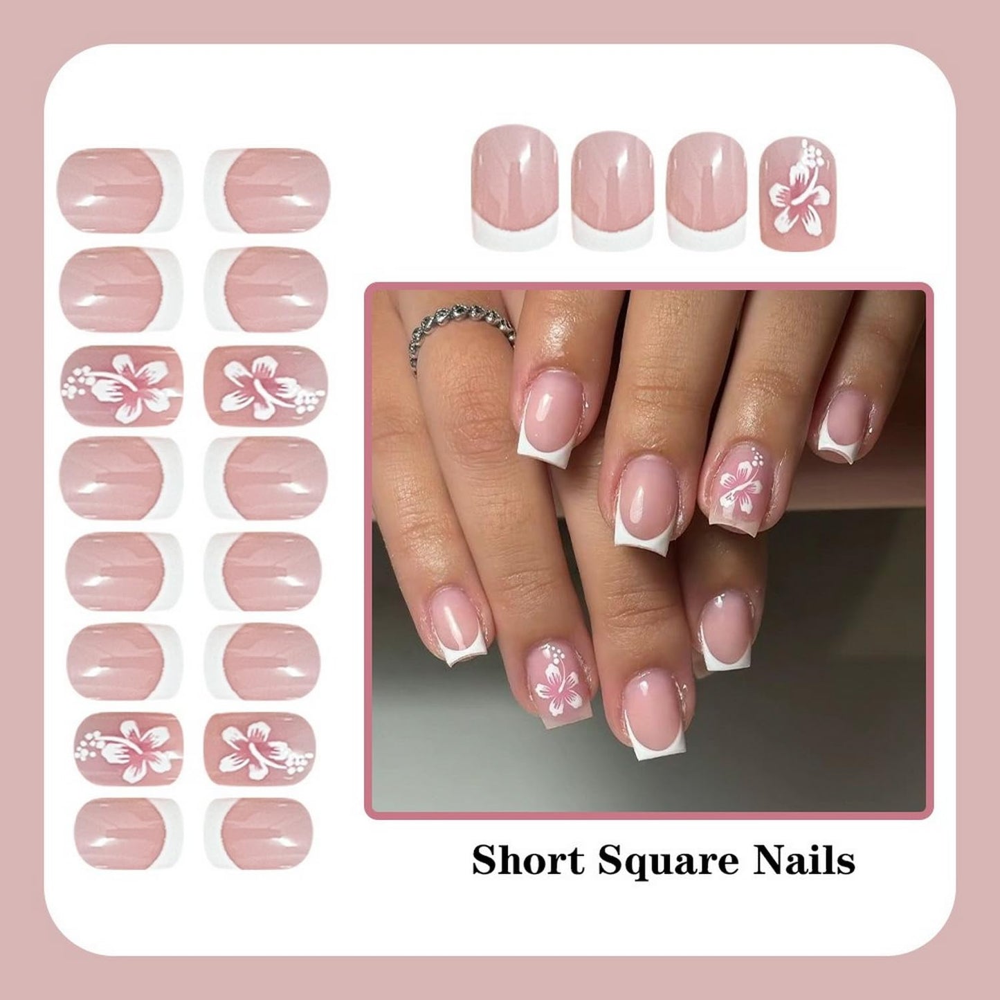 24 Pcs Flower Press on Nails Square White French Tip Fake Nails with Designs Glossy False Nail Spring Floral Stick on Nails Full Cover Short Acrylic Nails for Women Manicure Decorations