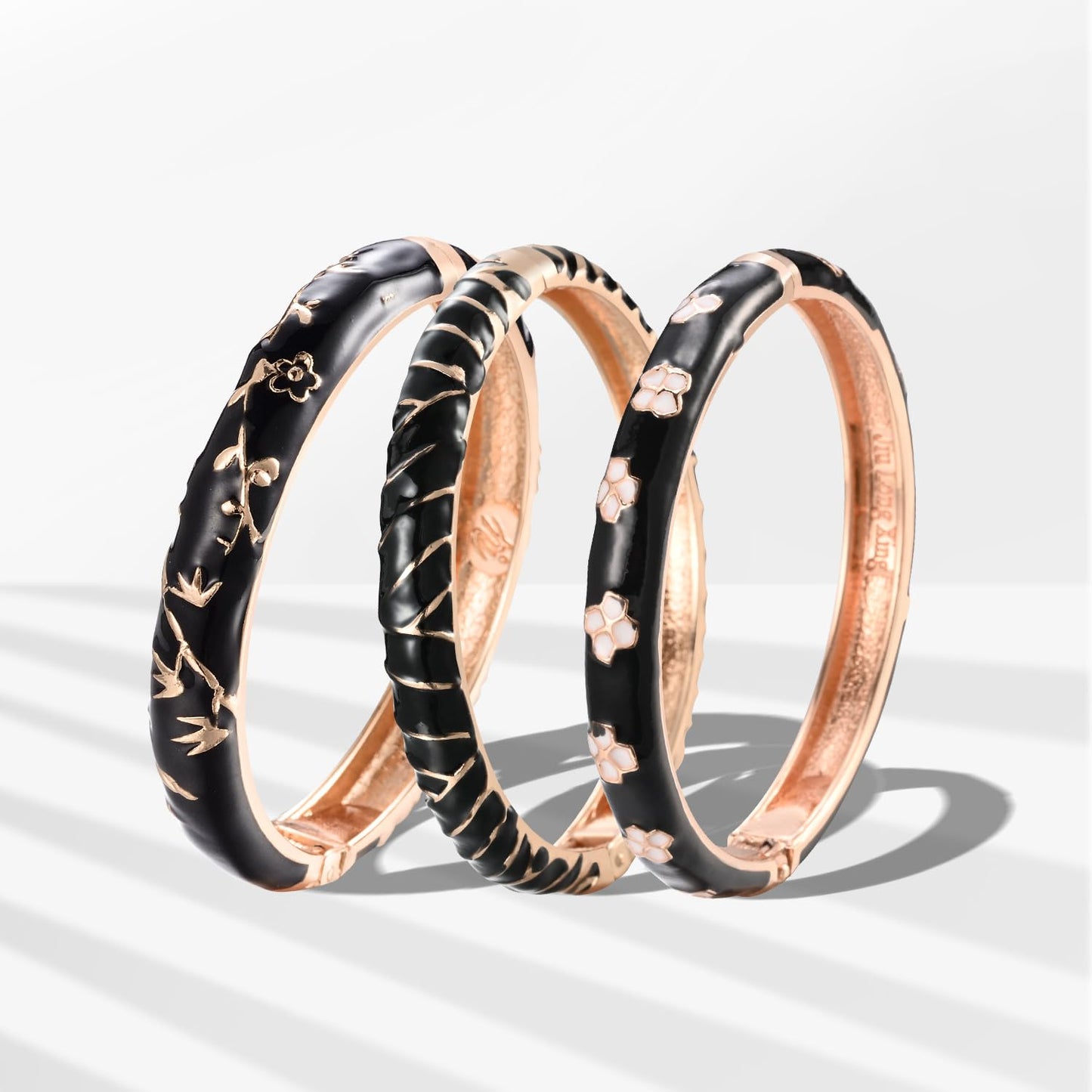 UJOY Womens Multi-Colors Cloisonne Bracelet Gold Plated Flower Enameled Hinged Cuff Bangles Jewelry Gift 55A-3pcs Black
