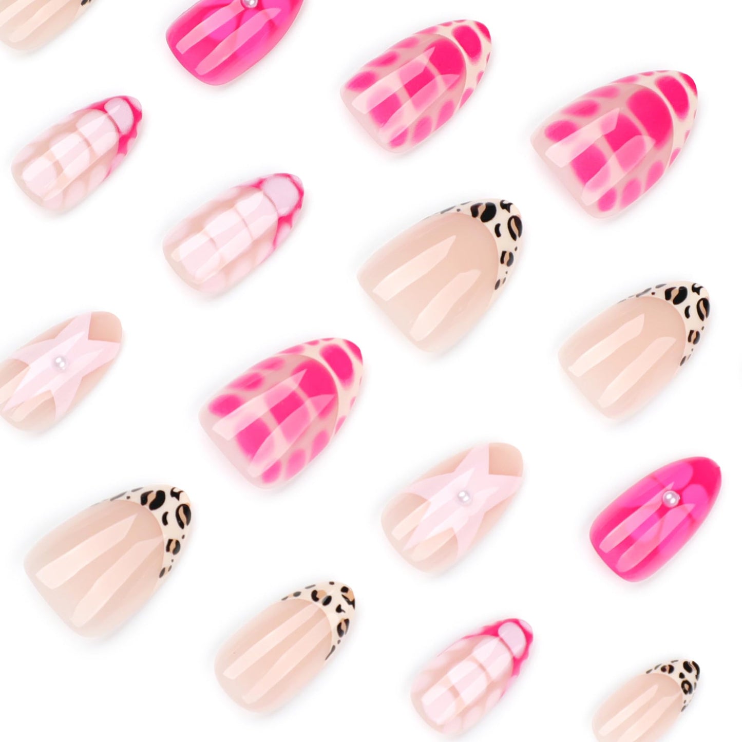 Pink Star Press on Nails Medium Almond Fake Nails Cute Flower False with Designs Leopard French Tips Glue on Nail Glossy Pearl Full Cover Acrylic Stick on Nail for Women Manicure 24pcs