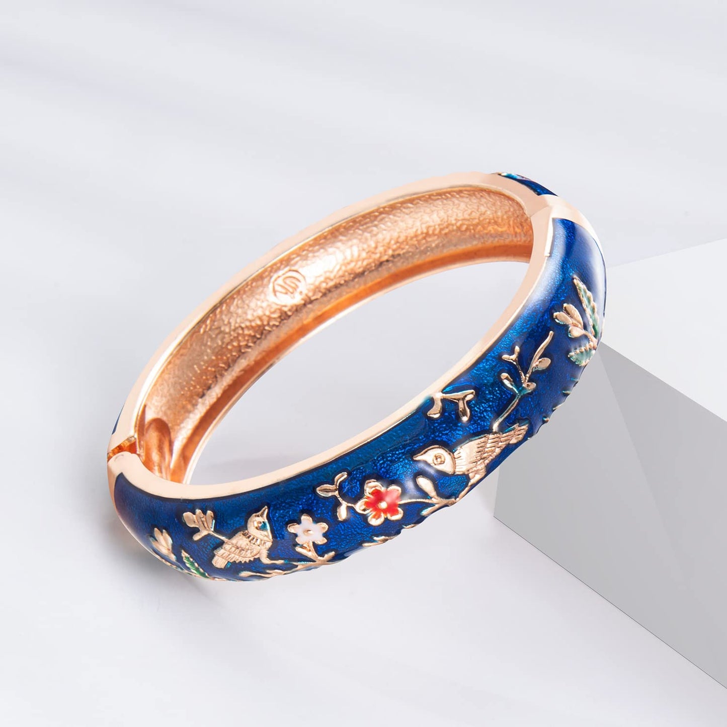 UJOY Colors Handcraft Jewelry Cloisonne Bracelet Enamel Hollowed Bird Spring Hinged Womens Bangles Gifts Box 88A31-55C49 Navy Blue