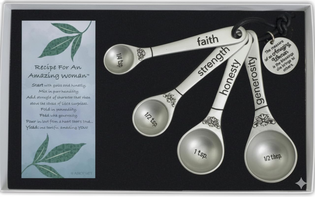 Amazing Woman Measuring Spoon Set, Decorative Gifts and Kitchen Accessories, 4 Spoons, Engraved Pewter and Silver Enamel, By Abbey & CA Gift