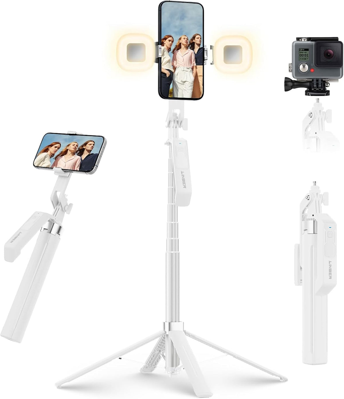 71" Selfie Stick Tripod with Wireless Remote & 2 Fill Lights, Tall Phone Tripod Stand with Quad-Leg Base, Aluminum Alloy White Stick for iPhone, Android, GoPro, Vlogging & Video