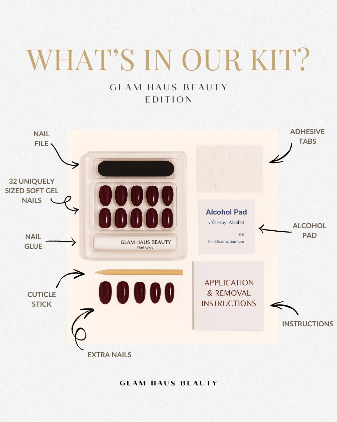 Glam Haus Beauty Press On Nails Onyx Noir | Short Square Jet-Black Glossy Finish Salon Quality | 16 Sizes - 32 Nail Kit with Glue & Adhesive Tabs