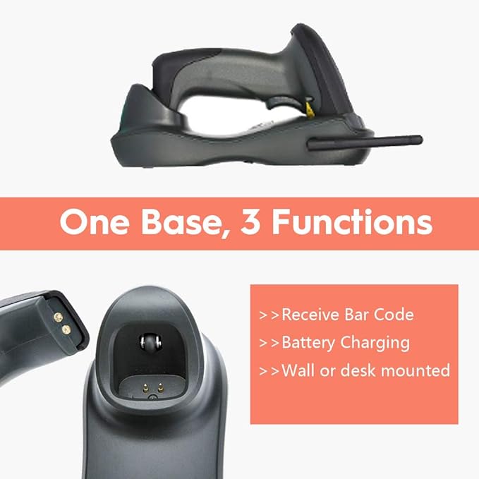 NADAMOO Wireless Barcode Scanner with USB Cradle Charging Base 328Ft Long Transmission Handheld 1D Cordless Laser Barcode Reader Portable Bar Code Scanning for Retail Supermaket Warehouse