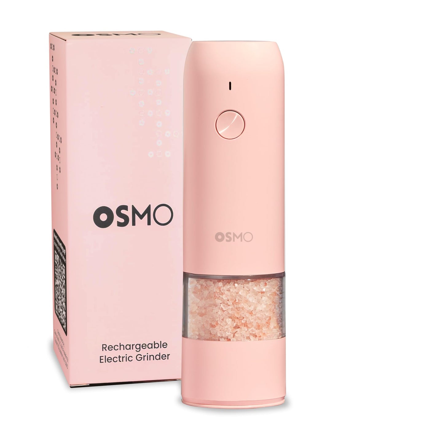 Osmo Rechargeable Electric Pepper Grinder - Adjustable Coarseness, LED Light, Ceramic Core, Battery Operated Mill, One Button Operation for Gourmet Cooking - Pink