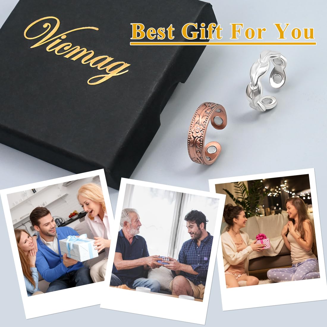 Vicmag Copper Magnetic Ring for Women, Magnetic Rings Ladies Fingers Thumb 100% Solid Pure Copper Jewelry Gift Adjustable (Leave+Folwer Copper)