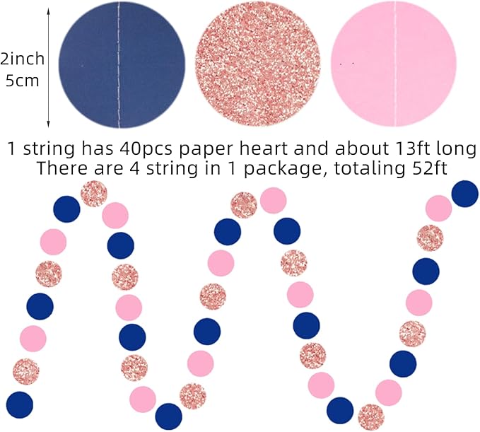 Rose-Gold Navy-Blue Pink Party Decorations – 52ft Paper Garland Gender Reveal Bridal Baby Shower Decoration Birthday Engagement Bachelorette Wedding Hanging Decor HongTongTong