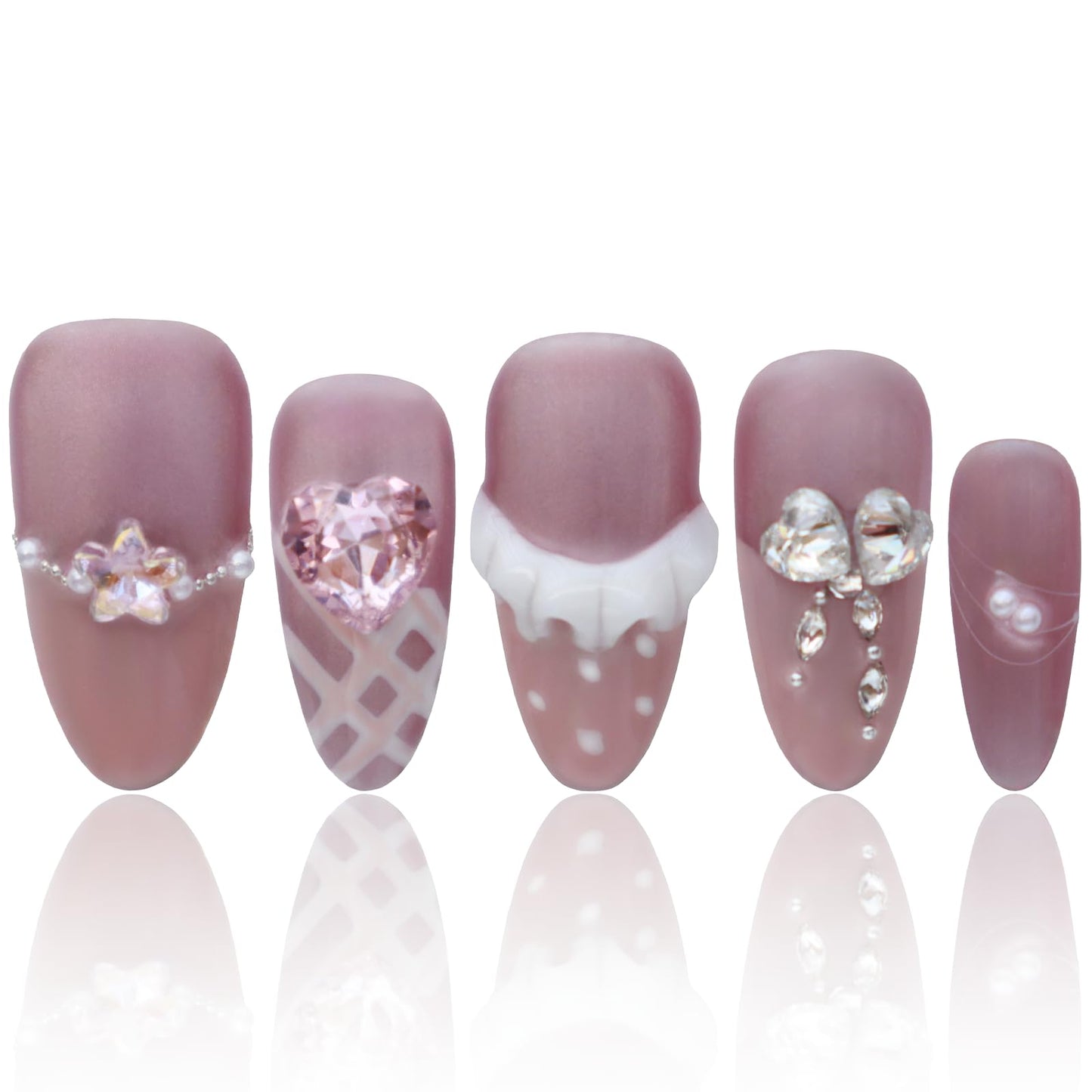 Handmade Press On Nails French Almond Shaped Press On Nails Pink 3D Nails Gifts For Women COOLYOUNG False Nails, 15 PCS, Size M