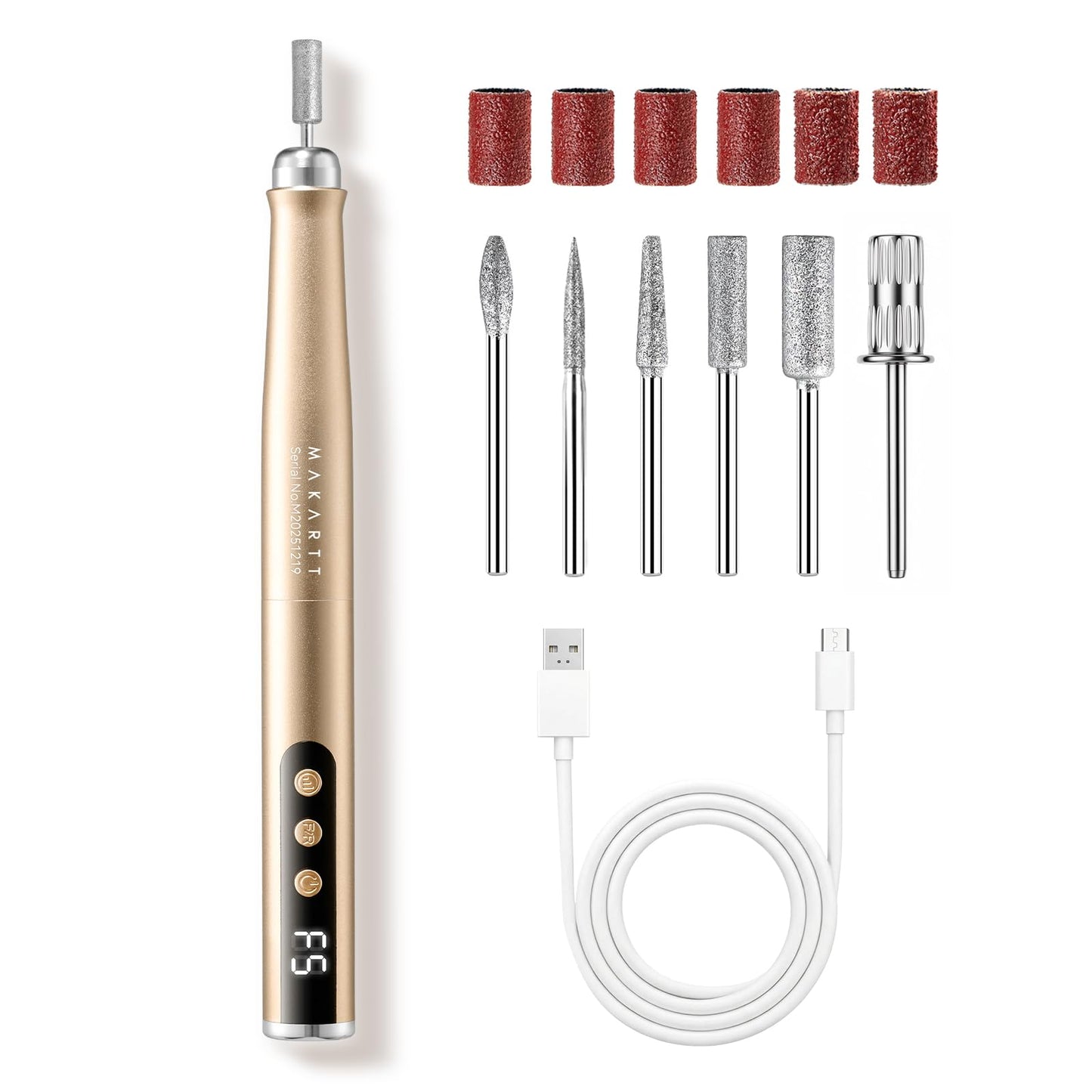 Makartt Pen-Shaped Rechargeable Nail Drill for Beginners: 25,000 RPM Cordless Electric Nail File with 5-Speed LED Display, Lightweight Quiet E File Kit for Gel Polish Removal, Home Travel Use(Gold)