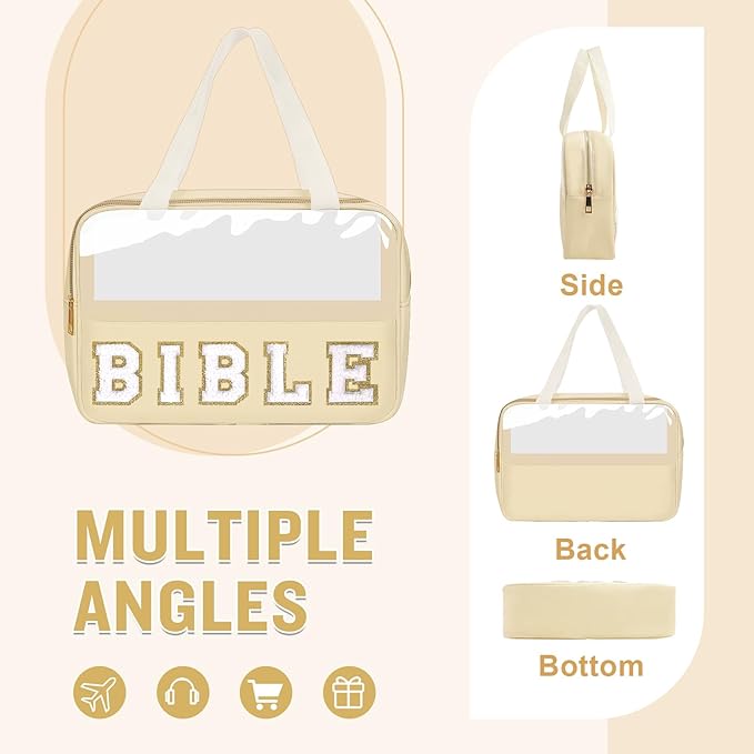 Chenille Letter Bible Bag Cover Case for Women,Preppy Bible Study Supplies Church Bag Purse Bible Accessories with Handle Zipper,Waterpoof Travel Makeup Bag Christmas Christian Gifts(BIBLE-Beige)