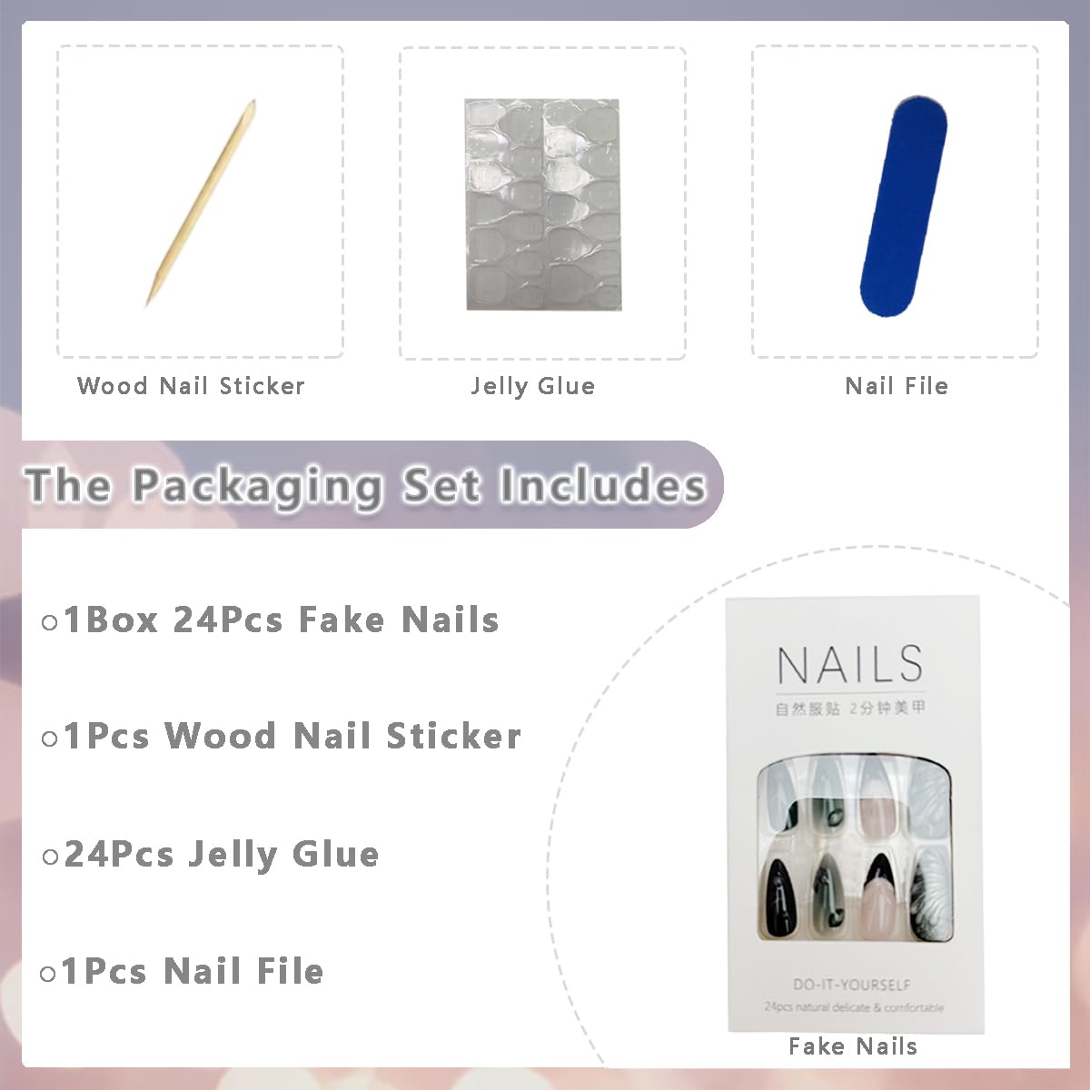 PODUOJIEYI 24Pcs Glitter Green Press On Nails Medium Almond Shape False Nails with 3D Leaf Water Ripple Designs Gold Star Glossy Acrylic Glue On Nails for Women DIY Manicure Salon