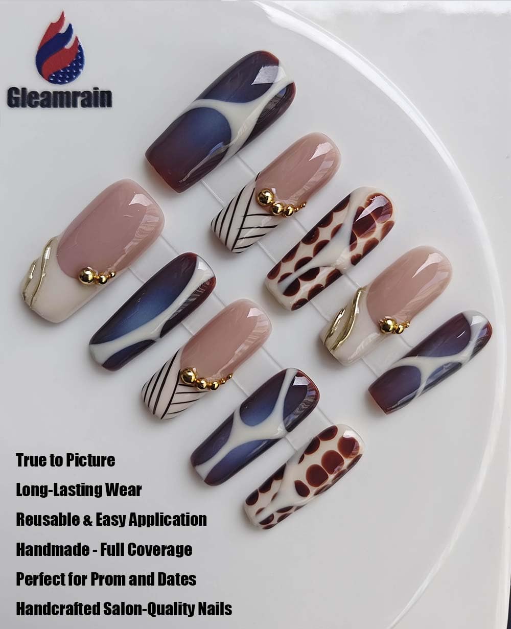 Gleamrain 10pcs Handmade Long Press-on Nails Coffin Shape (M Size) with Designs Nude Press on Nails for Women Suitable for Summer Vacation, Beach Proms, Parties or Daily Wear, D105