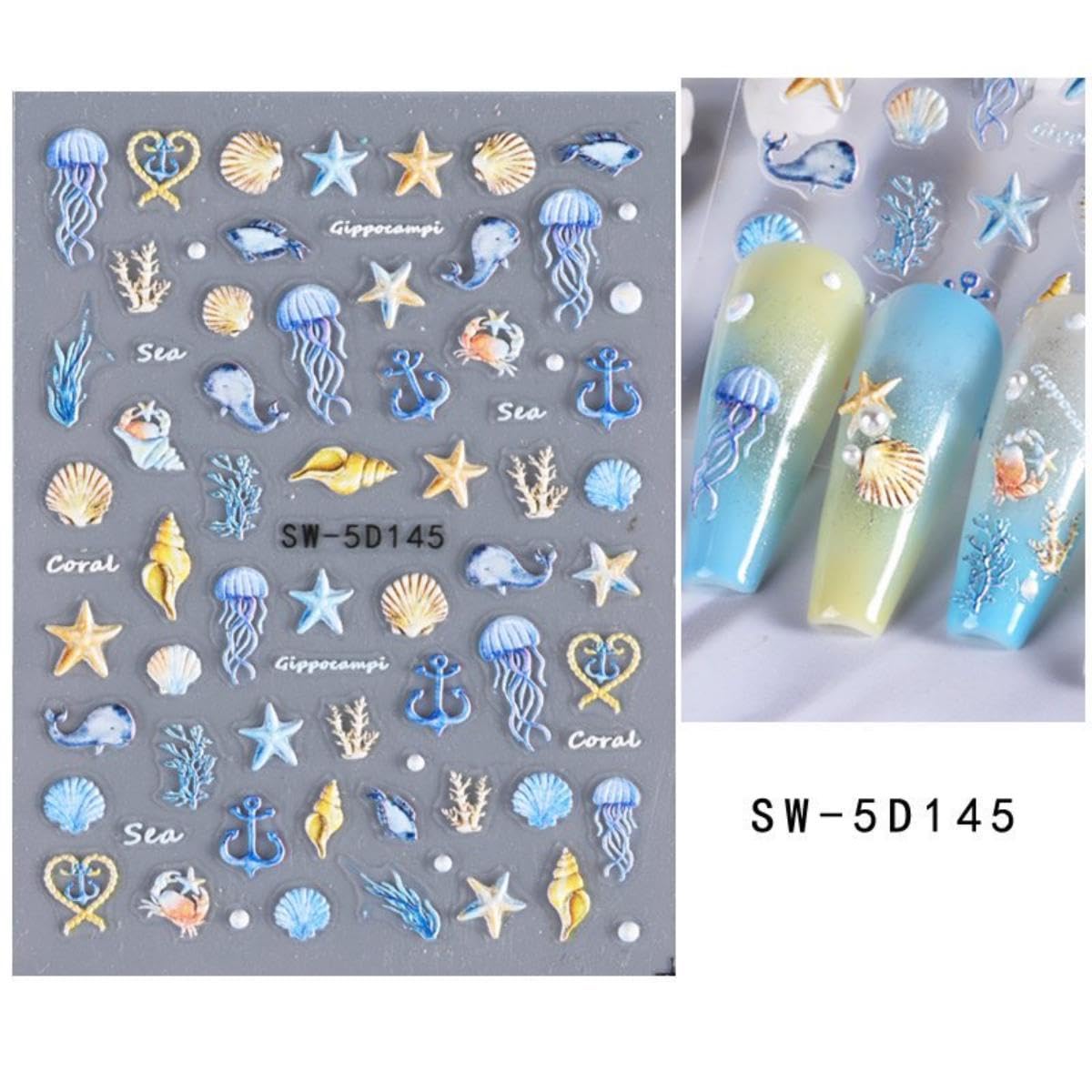 Ocean Nail Stickers 5D Embossed Seashell Nail Stickers 3D Self-Adhesive Blue Starfish Summer Nail Decals with Designs Purple Jellyfish Coral Nails Manicure Accessories for Women 5 Sheets