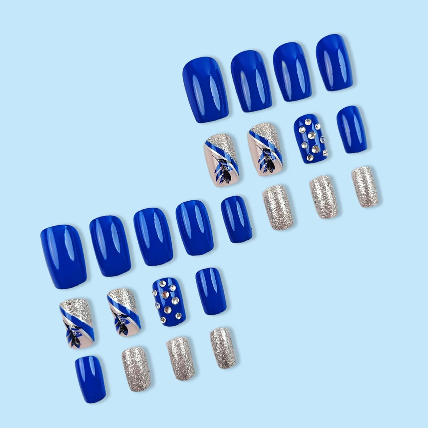 Blue Flower False Nails Rhinestones Fake Nails Silver Stripe Design French Stick on Nails Full Cover Artificial Coffin Nails Glitter Square Nails Press on Nails with Design Glue on Nails for Women