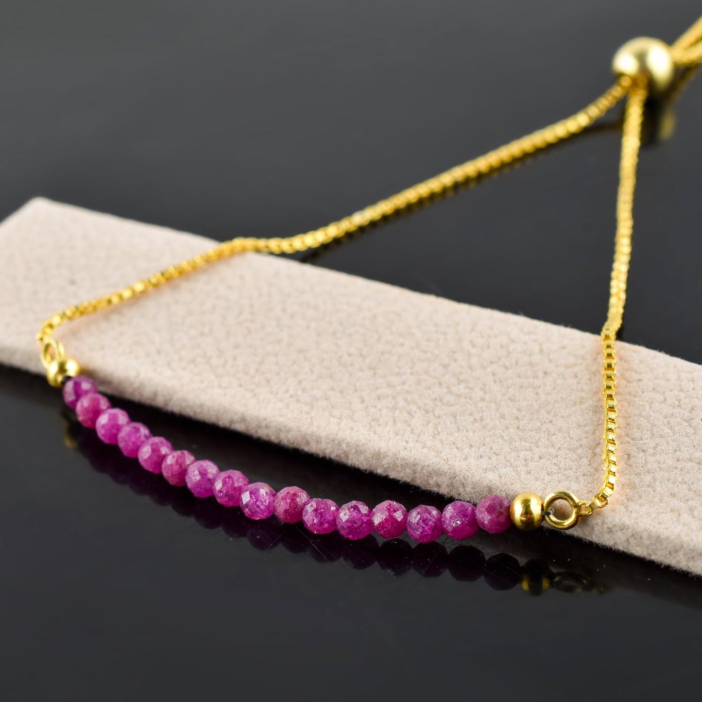 InfinityGemsArt Ruby Bracelets For Women, July Birthstone, Pink Beads Beaded Stone Bolo Slider Crystals Gemstones, 14K Gold Plated Adjustable Chain, Mother's Day Jewelry For Her
