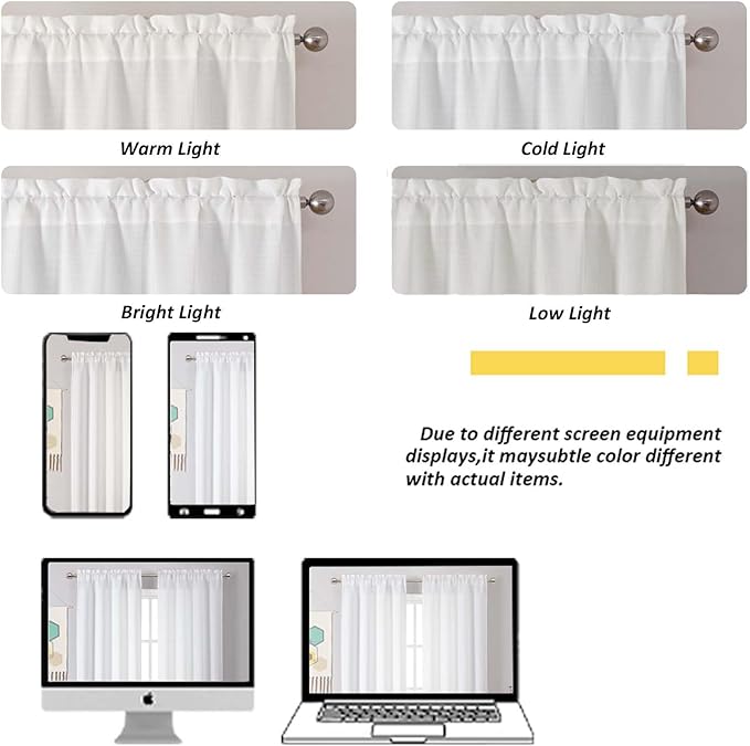 Chyhomenyc White Curtains 30 Inch Length, Faux Linen Textured Small Cafe Curtain, Light Filtering Short Curtains for Bathroom Curtain Window, 30x30 Inch, 2PCS