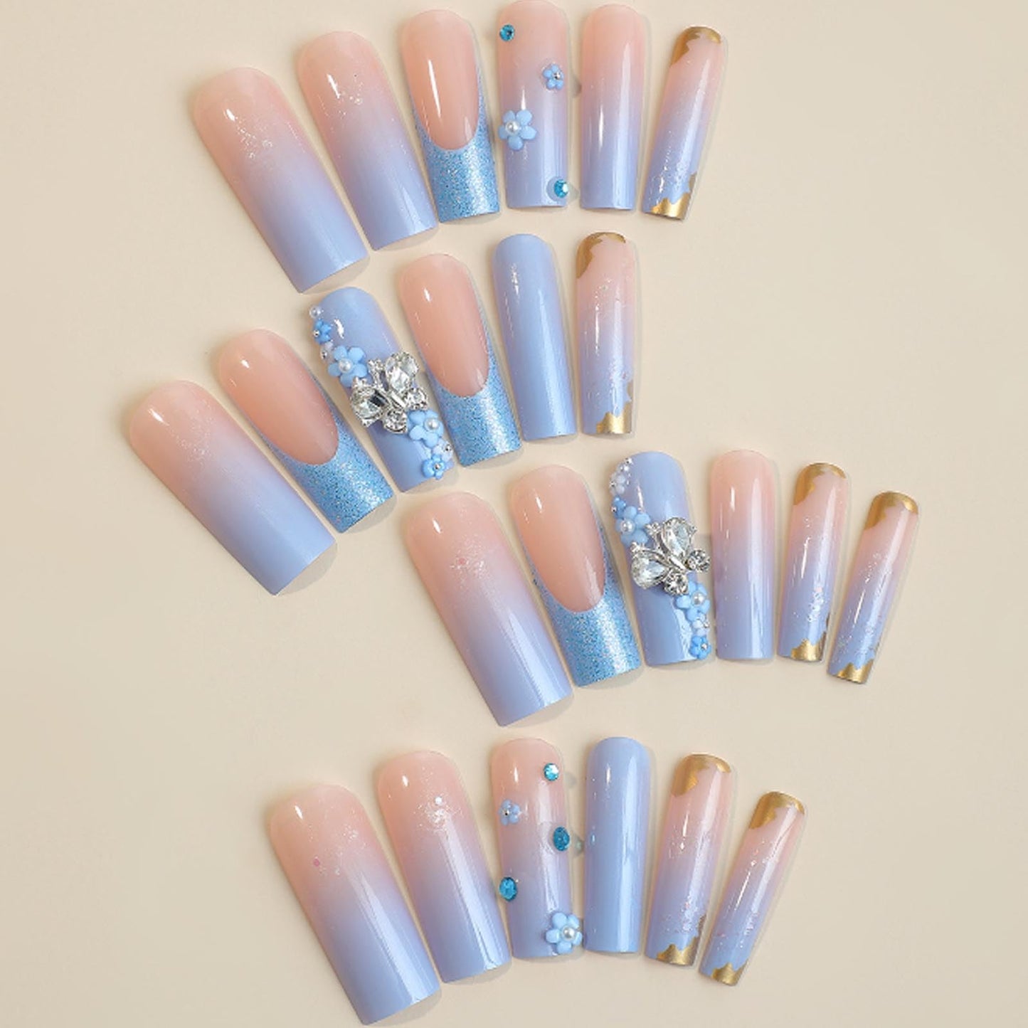 Hkanlre Long Press on Bling Nails Square Blue Fake Nails Tips Full Cover False French 3D flower Nails for Women and Girls 24PCS