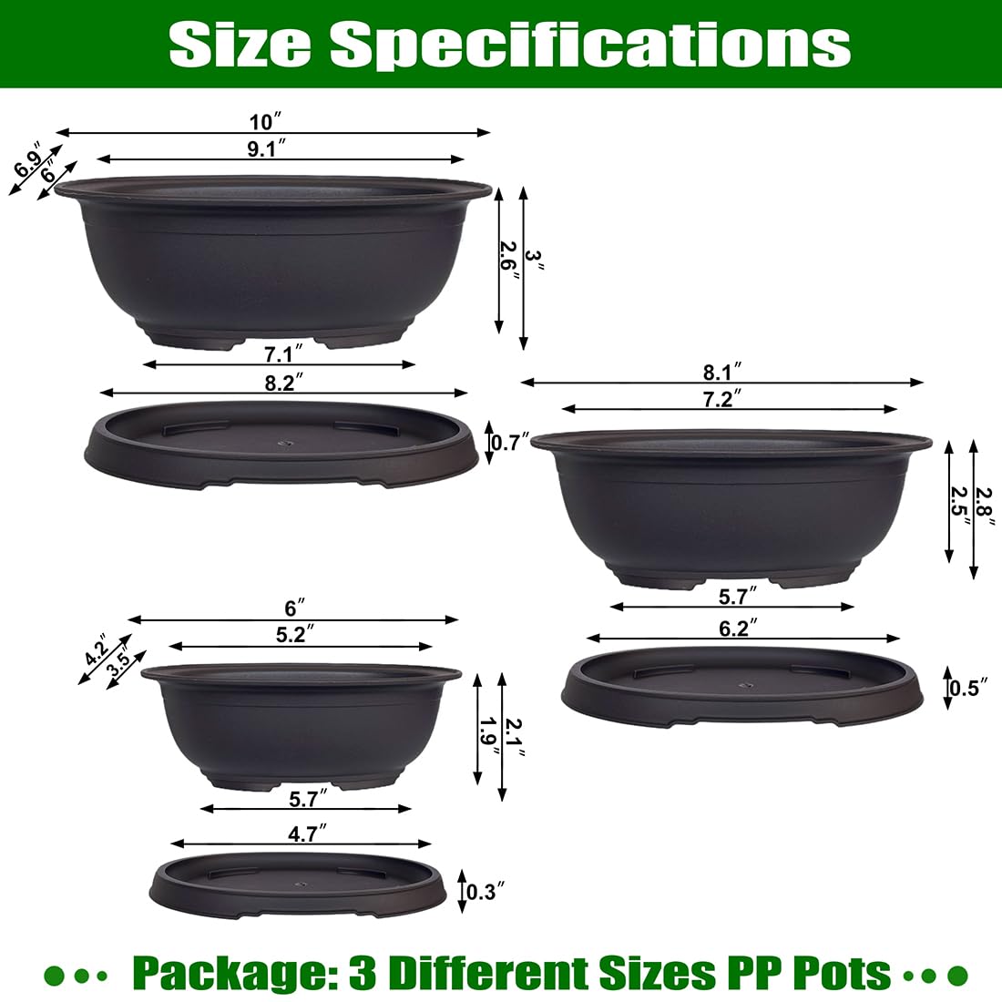MUZHI 3 Pack Mixed Size Oval Bonsai Planter Pot with Drainage Tray, Matte Finish Ellipse Plastic Bonsai Succulent Growing Pot for Home Garden Plant Container 9.1” 7.2” 5.2”