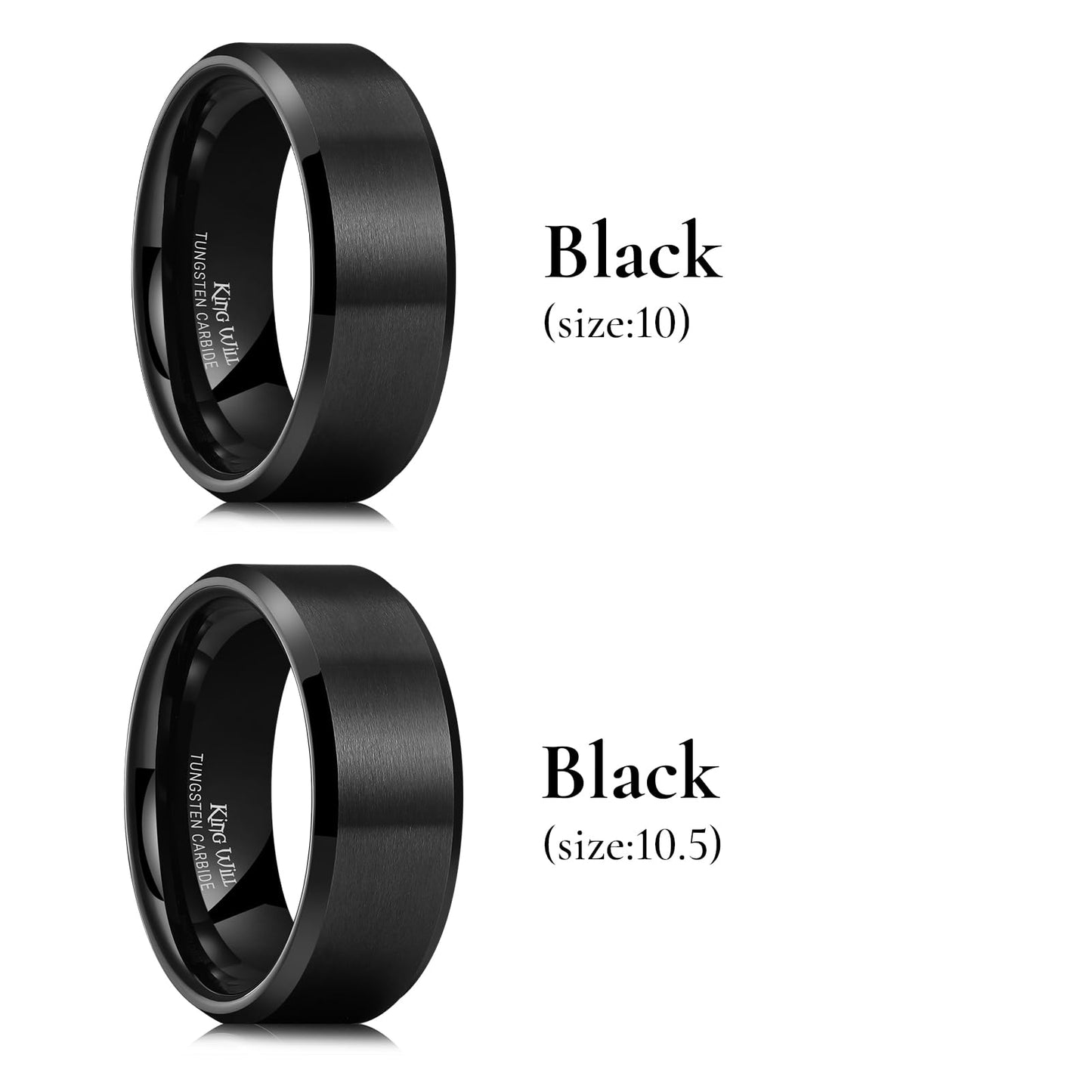 King Will 8mm Men's Black Tungsten Wedding Ring - Brushed Matte Surface, Beveled Polished Edge, 2 Pcs Comfort Fit Size 9.5 + 10