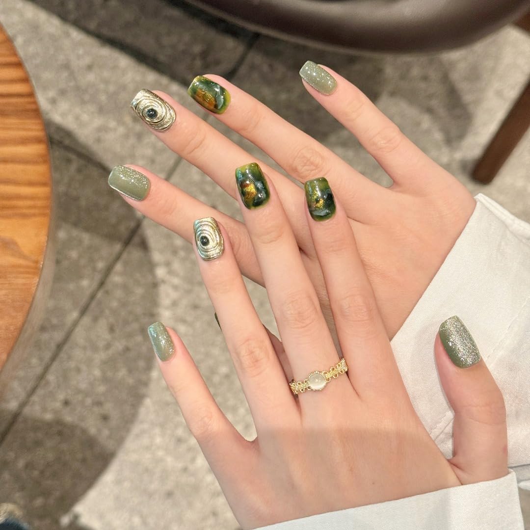 Light Luxury Handmade Green Marble Effect Press-On Nails, Reusable Glitter Artificial Nail Art Set with Gold Wire Design, Salon Quality Manicure Kit (S)