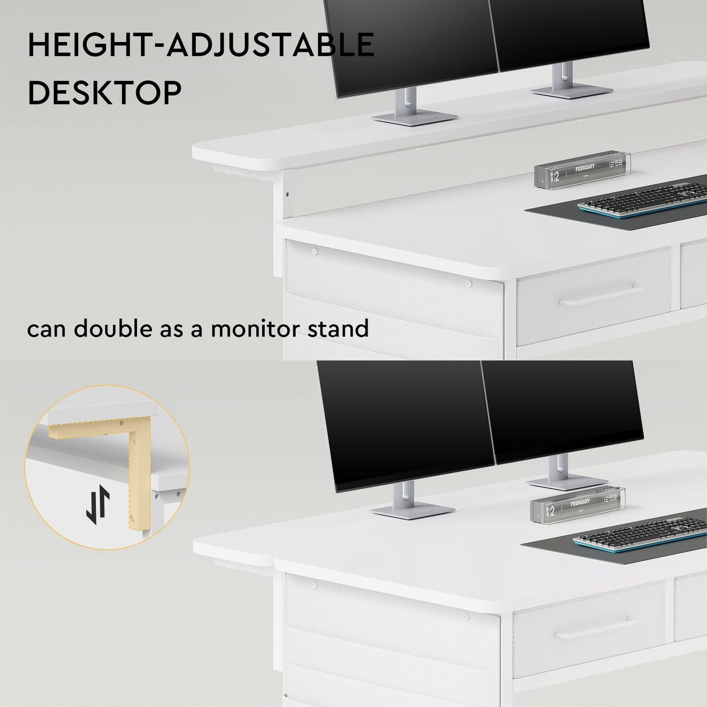 Maihail Small Desk with Drawers, 39.4X15.8-22.9 Inches Office Computer Desk with Side Pocket & Ergonomic Monitor Stand, Writing Table for Small Spaces, Bedroom, White