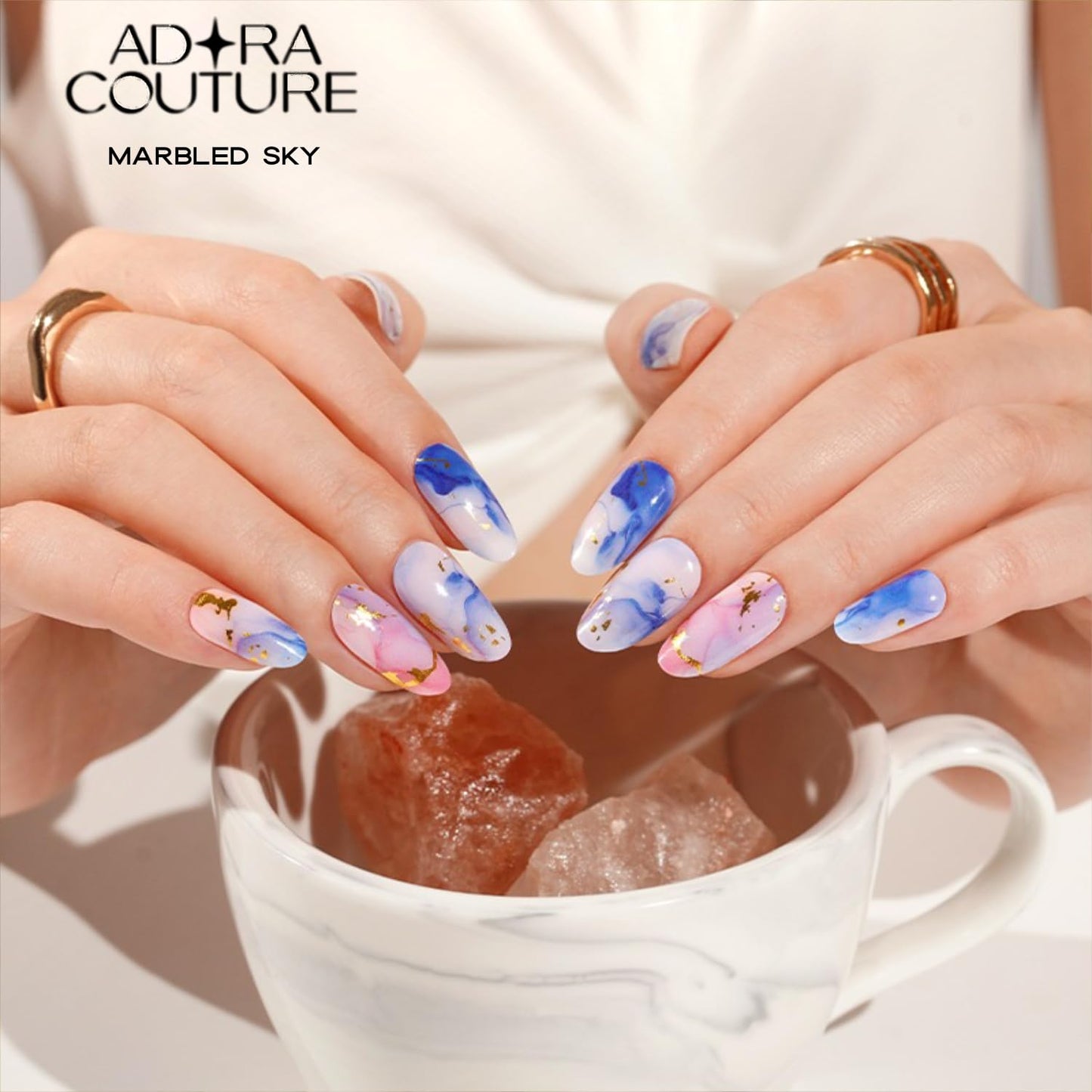 Adora Couture Semi Cured Gel Nail Strips with 20 Pieces - UV Gel Stickers, Manicure Kit, Easy Application Wraps Includes Prep Pads, Nail File, Wooden Stick - UV Light Required (Marbled Sky)