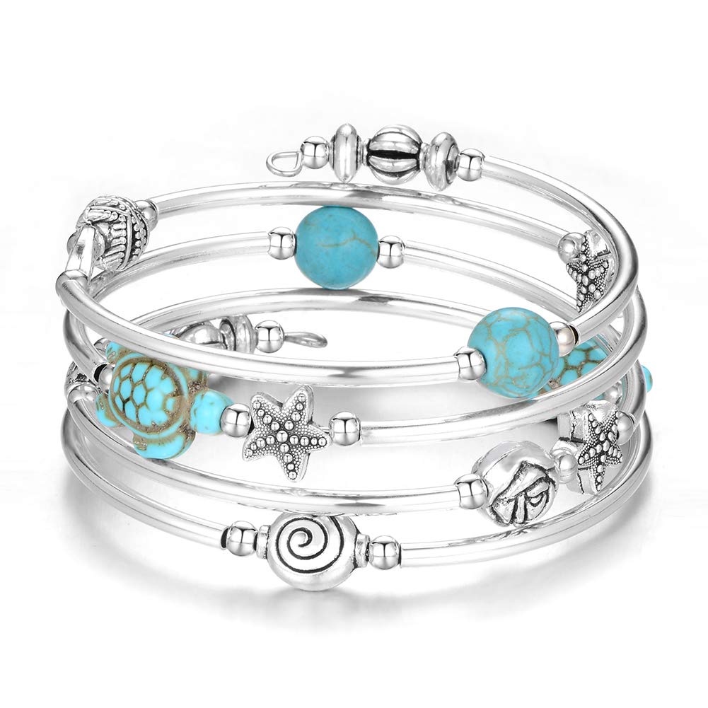 BULINLIN Layered Wrap Bangle Turquoise Bracelet - Bead Bracelet with Natural Agate Stone, Gifts For Women (18-Turquoise blue Turtle Bracelet)