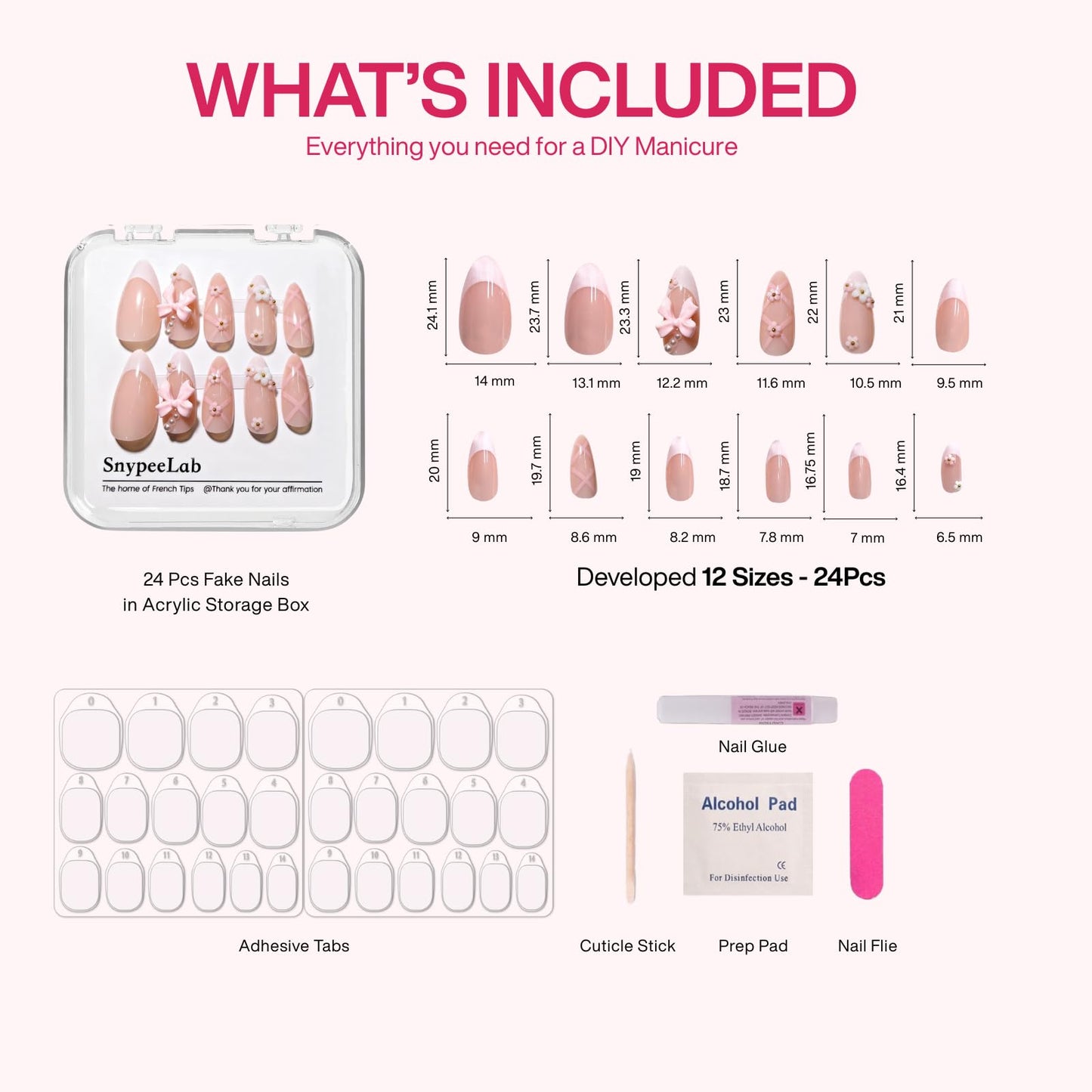 SnypeeLab Handmade Press on Nails with 600pcs Zero Damage Nail Adhesive Tabs Kits, 3D Flower False Nail for Women and Girls-24pcs