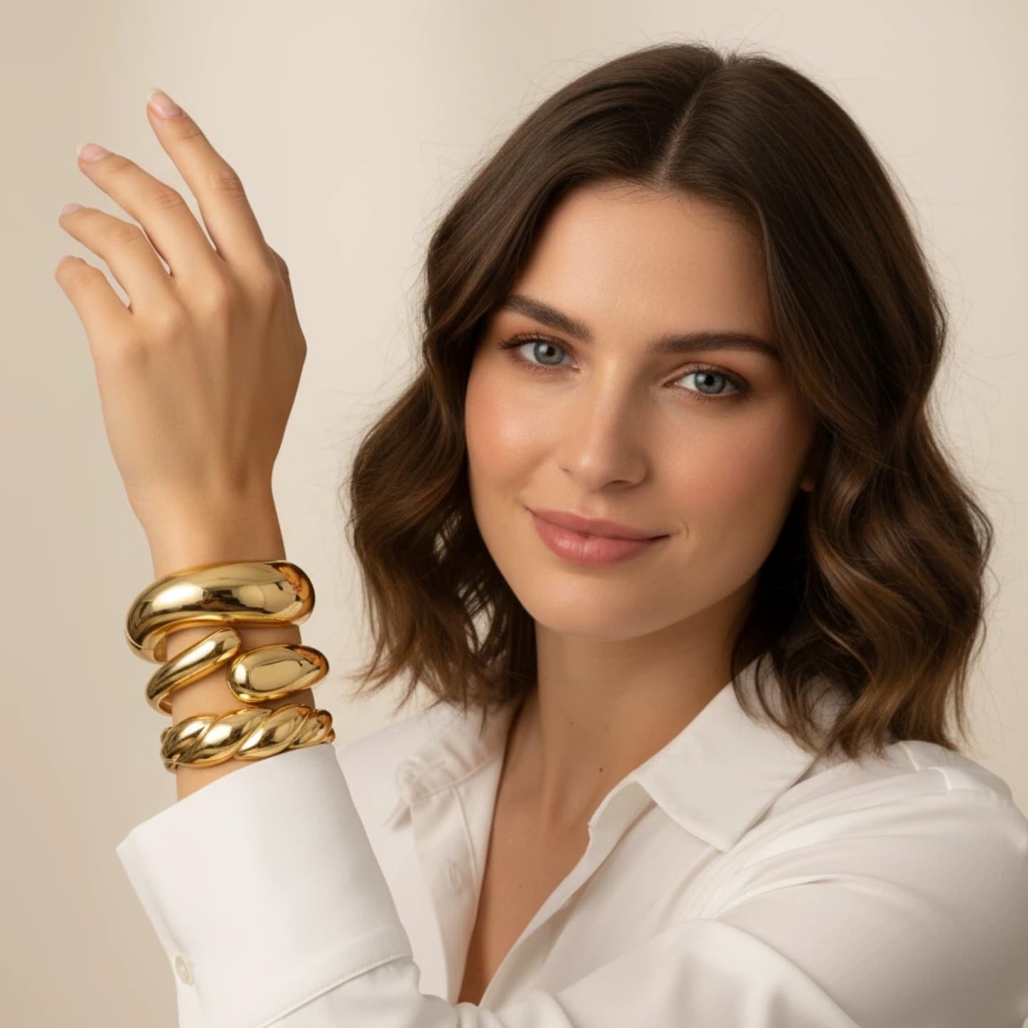 KKPOT Chunky Gold Bangle Bracelets for Women – 14K Gold Plated, 3-Piece Stackable Cuff Bangles Set, Trendy Minimalist Jewelry (Gold-2)
