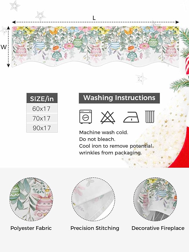 Easter Eggs Fireplace Mantel Scarf Table Runner, Bunny Eucalyptus Leaves Spring Flower Plant Winter Garland Mantel Top Tablerunners Dresser Scarves Cover for Windows Party Living Room 90''x17''