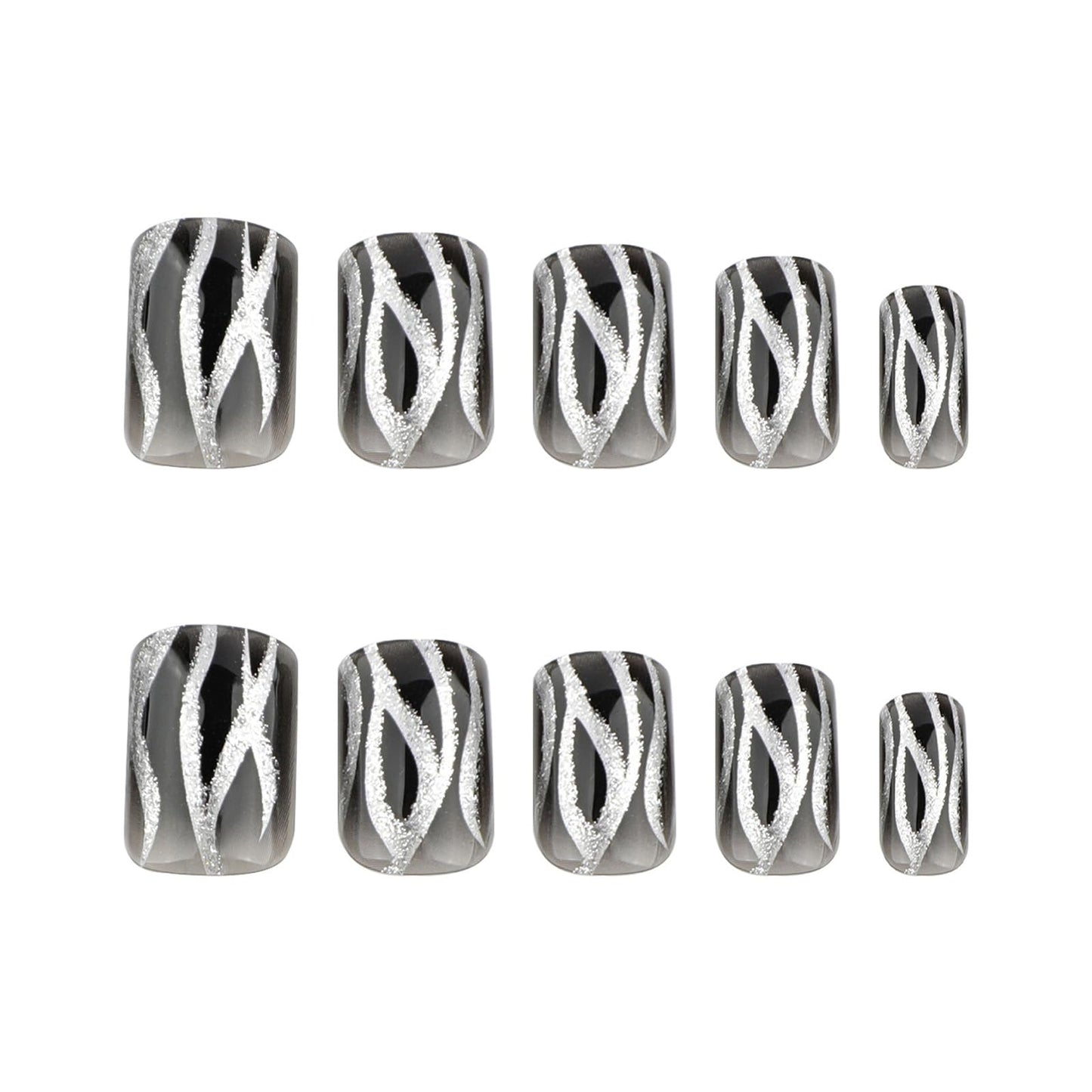 24Pcs Silver Fire Press on Nails Curve Line Acrylic Fake Nails Silver Glitter Stick on Nails Glossy Black Gradient Short Square False Nails Black Ombre Gel Glue on Nails for Coquette Women Girls