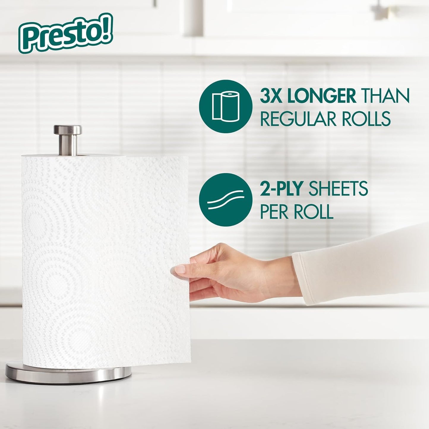 Amazon Brand - Presto! Flex-a-Size Kitchen Paper Towels, Strong and Absorbent, 128 Sheet Family Roll, 16 Rolls (8 Packs of 2)