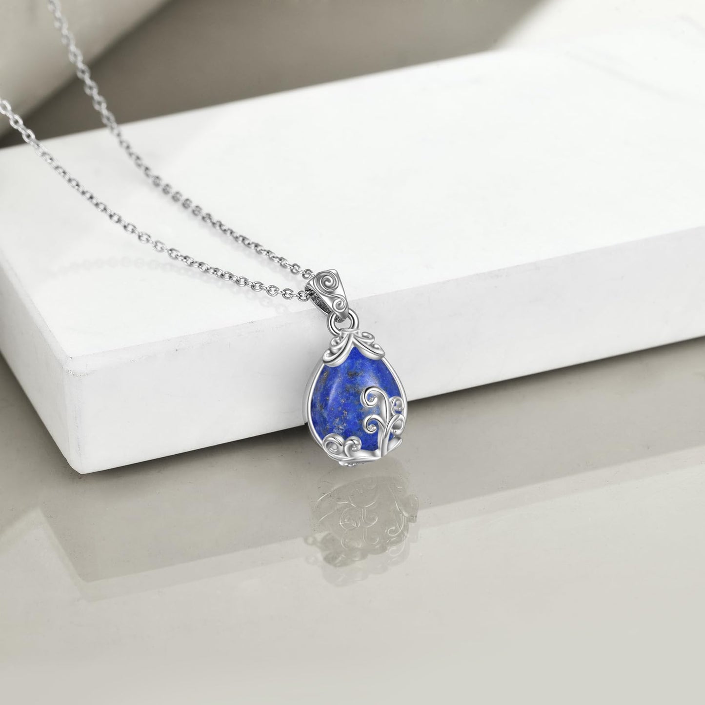 POPLYKE Sterling Silver Lapis Lazuli Filigree Teardrop Pendant Necklace Gemstone Crystal Jewelry for Women