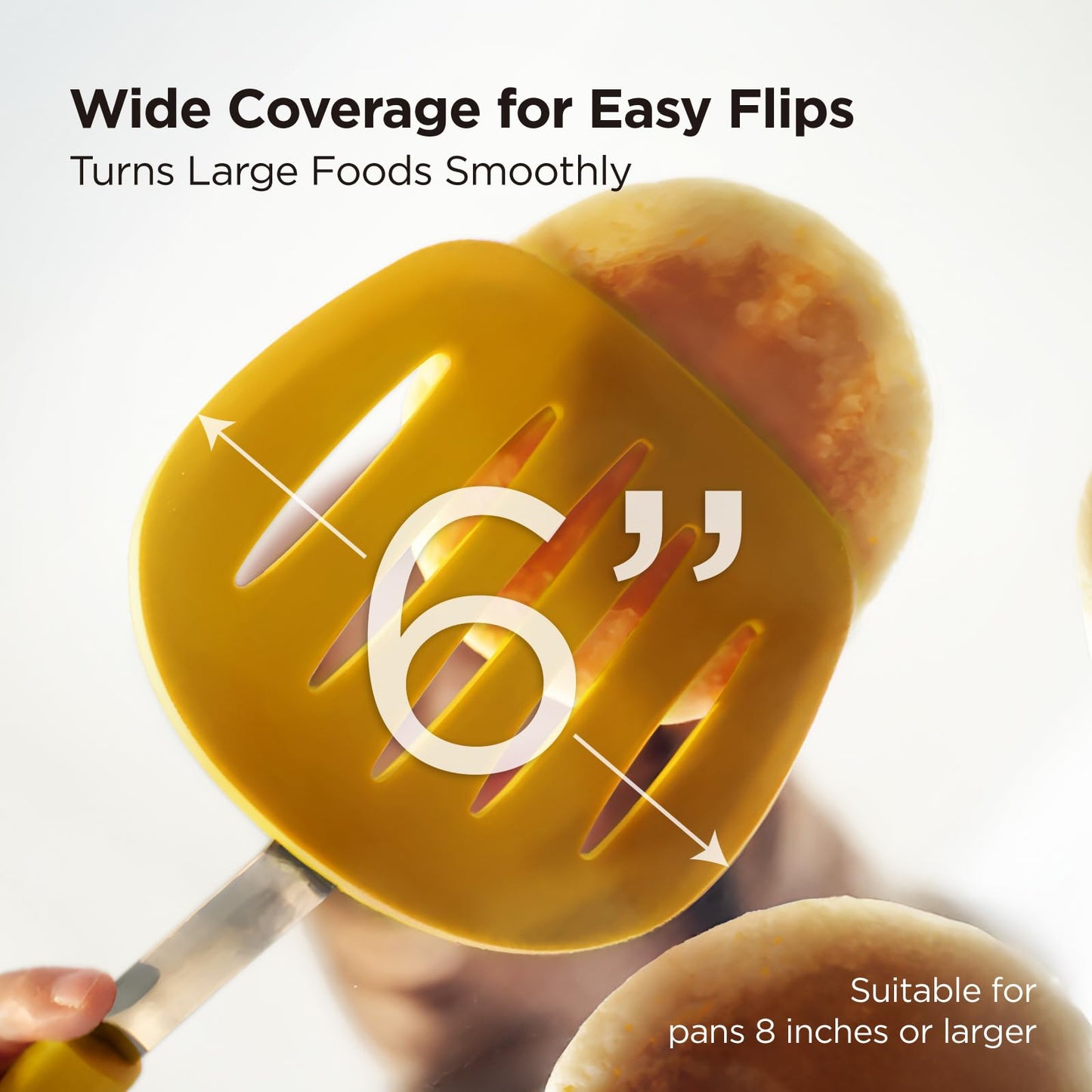 Kitchen Mama WaltzGrip Platinum Silicone Pancake Spatula Turner: Heat-Resistant, Slotted Tapered Head, Stainless Steel Core, Durable, Dishwasher-Safe, Ideal for Flipping and Wok Use (Yellow)