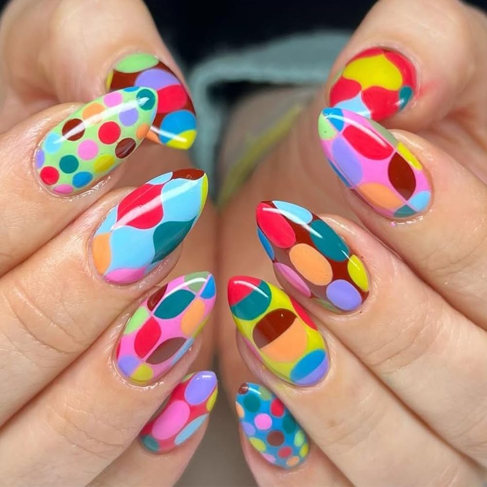 plalely Almond Press on Nails Medium Gradient Fake Nail Big Colorful Polka Dot Acrylic Nail Press ons Stick on Nail for Women 24pcs