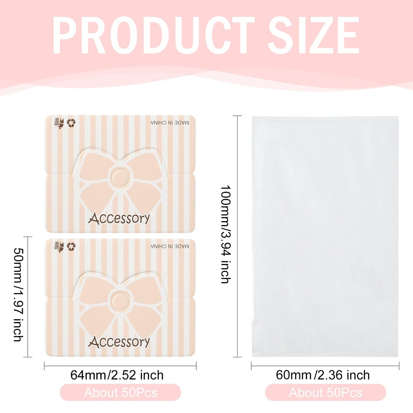 Gelirda 50 Sets Packaging Pouch with Foldable Header Cards Bowknot Printed Paper Cards & Rectangle Cellophane Bags for Jewelry Display