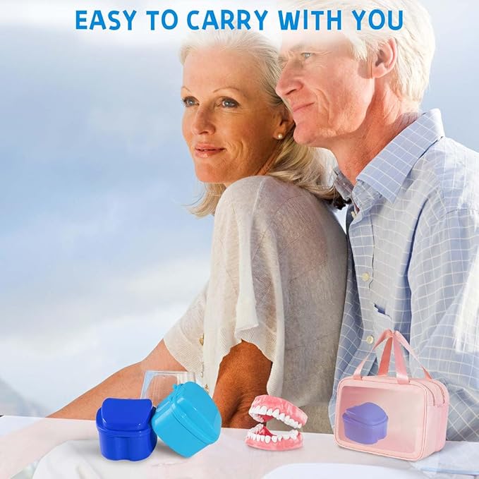 Light Blue Denture Bath Case Cup Box Holder Storage Soak Container with Strainer Basket for Travel Cleaning