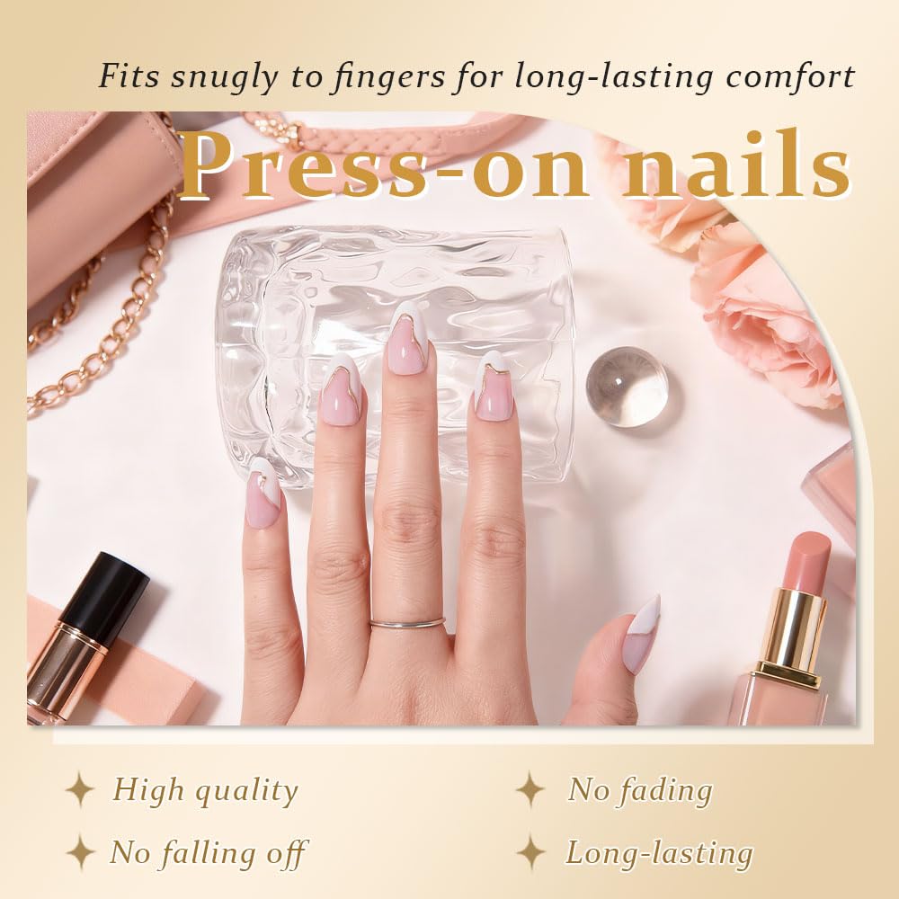 evpct French Tip Press On Nails Short Almond, Nude Pink + Gold Line & Wihte Tips, Glossy Short Almond Fake False Press on Nails, Soft Gel Stick on nail Press ons with Nail Kit Reusable Salon Quality
