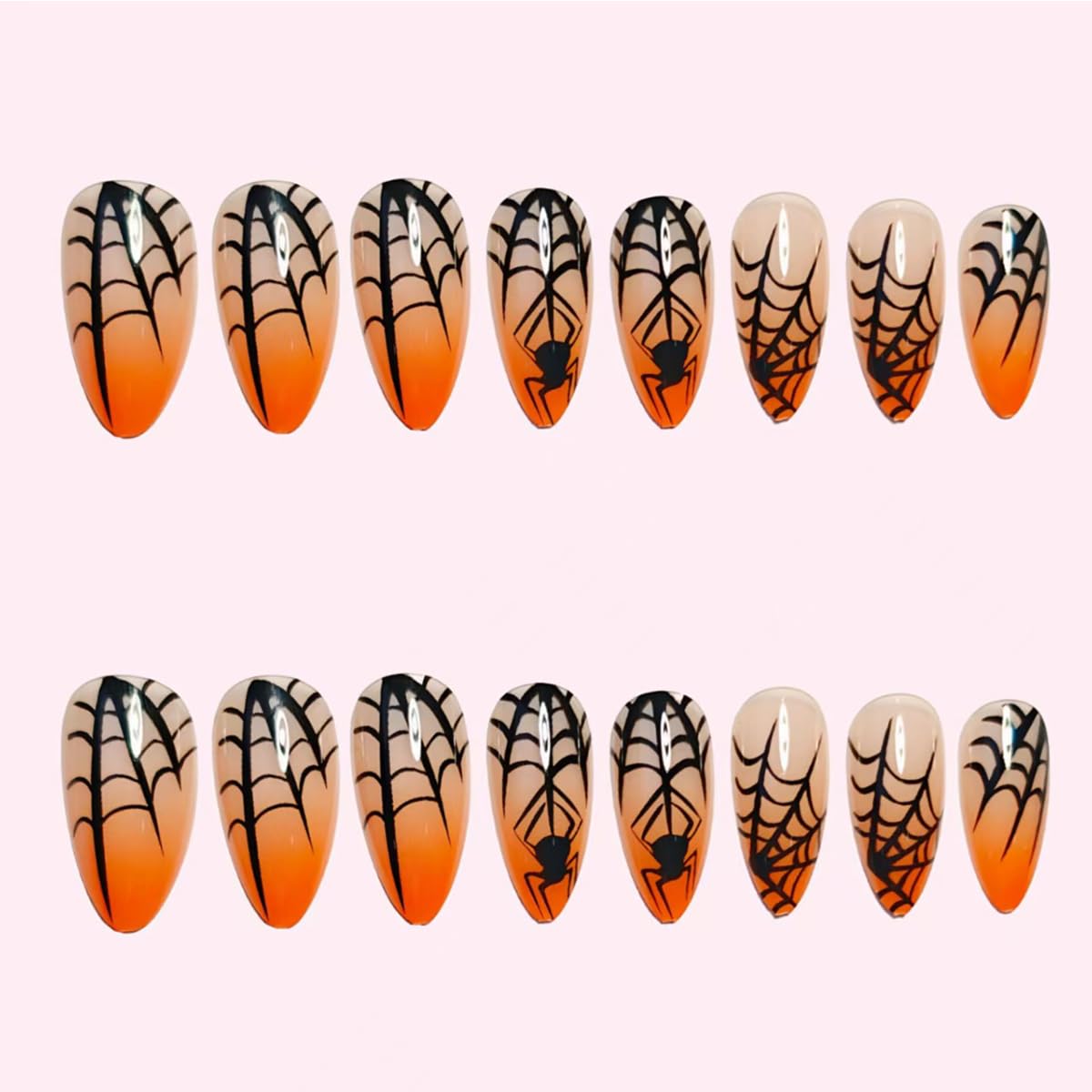 BMKKOT 24Pcs Halloween Spider Nails Set: Medium Almond ABS Press On Nails with Spider Design, Orange Glossy Full Cover False Nails for Women Manicure Decoration