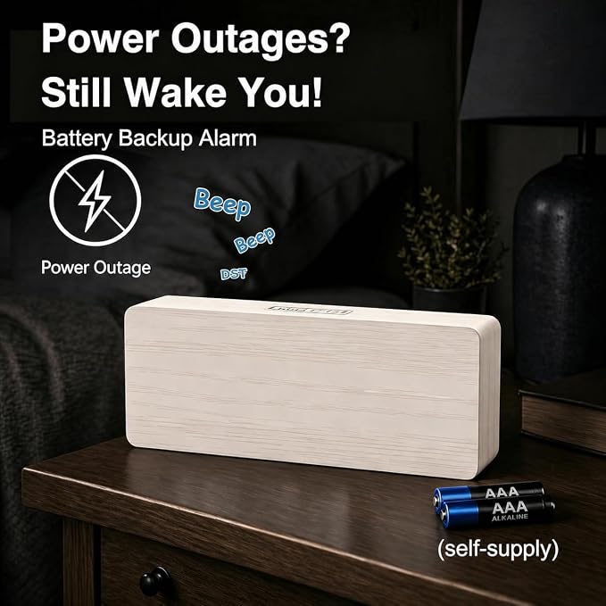 Peakeep Wooden Digital Alarm Clock Large Display, Textured Decoration