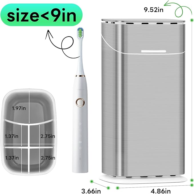 Toothbrush Holders with Cover - Electric Toothbrush Length Less Than 9 inches, 5 Slots Tooth Brush Holder for Bathroom, Detachable Toothpaste Holder Bathroom Organizers with Drainage, Silver