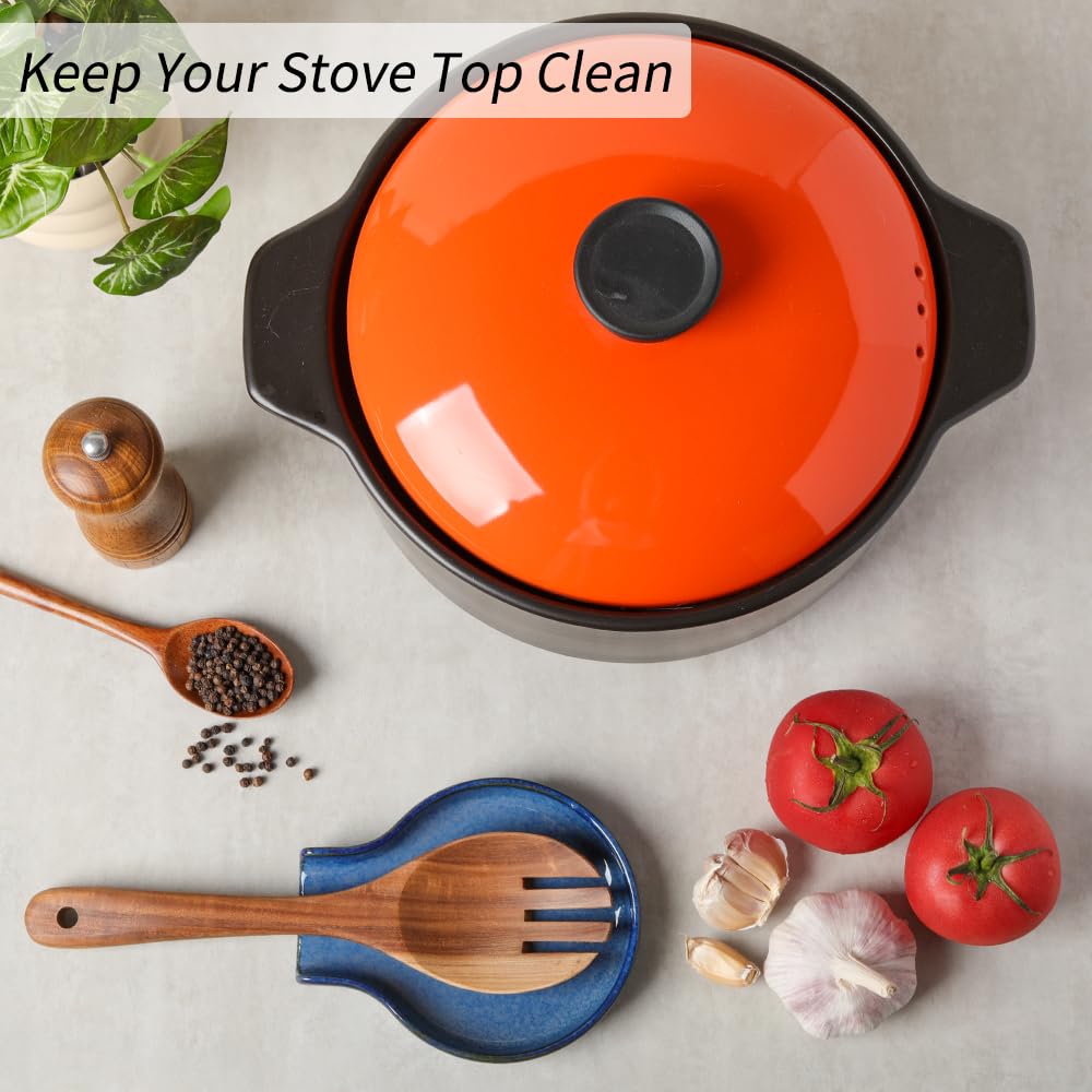 Spoon Rest - HAPPY KIT Blue Spoon Rest for Stove Top for Cooking Spoons Spatula Kitchen Decor Ceramic Spoon Holder for Kitchen Counter with Gift Box Ready