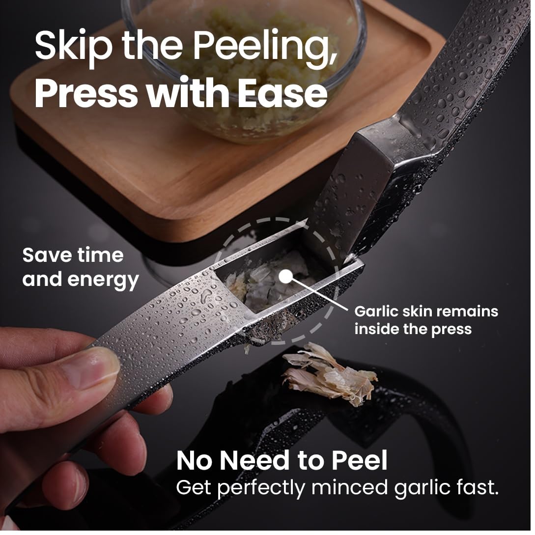 No Peeling Required Garlic Press Stainless Steel with Detachable Handle for Coarse Mincing - Premium Garlic Mincer Tool, Rust-Proof, Easy to Clean, Dishwasher Safe Garlic Crusher, Lifetime Replacement