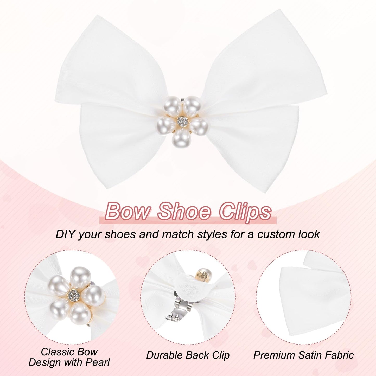 M METERXITY 2-Pack Bow Shoe Clips, Satin Elegant Detachable Shoe Buckle Bridal Bow Heels Accessories with Pearl Rhinestone for Wedding/Party/Prom, Cute Bowknot Heels Clip [Pure White]