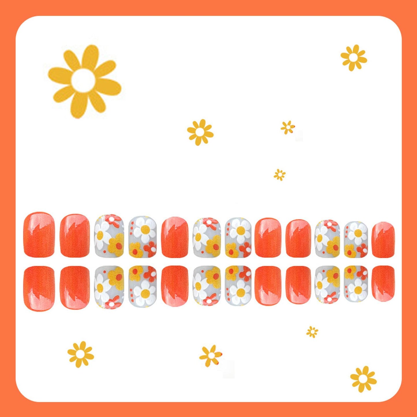 Yellow Press on Nails Short Square Fake Nails with Summer Flower Design False Nail Press ons White Glossy Glue on Nail Artificial Acrylic Manicure Set for Women 24Pcs