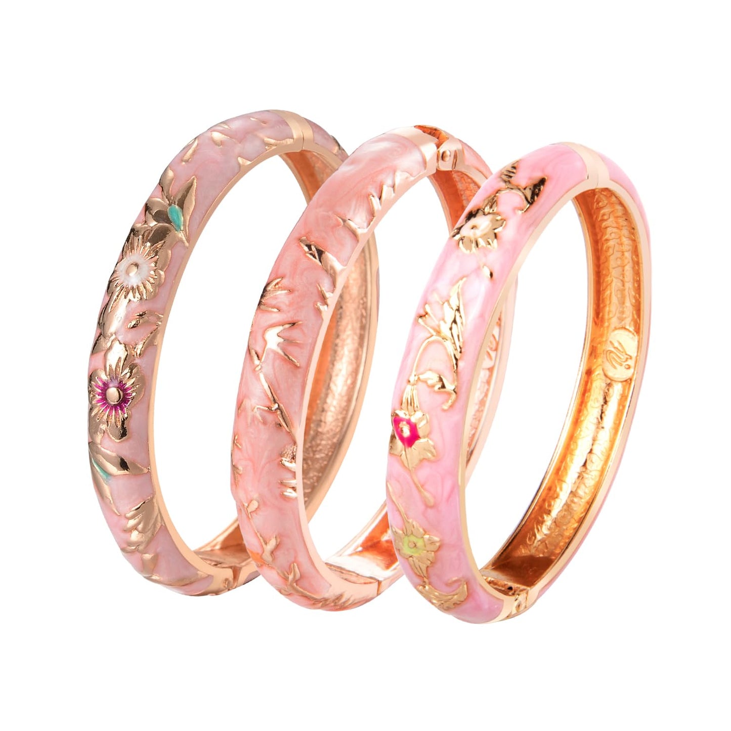 UJOY Vintage Cloisonne Bracelet Beautiful Flower Enamel Hinge Gold Plated Rose Bangles Jewelry for Women's Gifts 55A 3pcs Pink