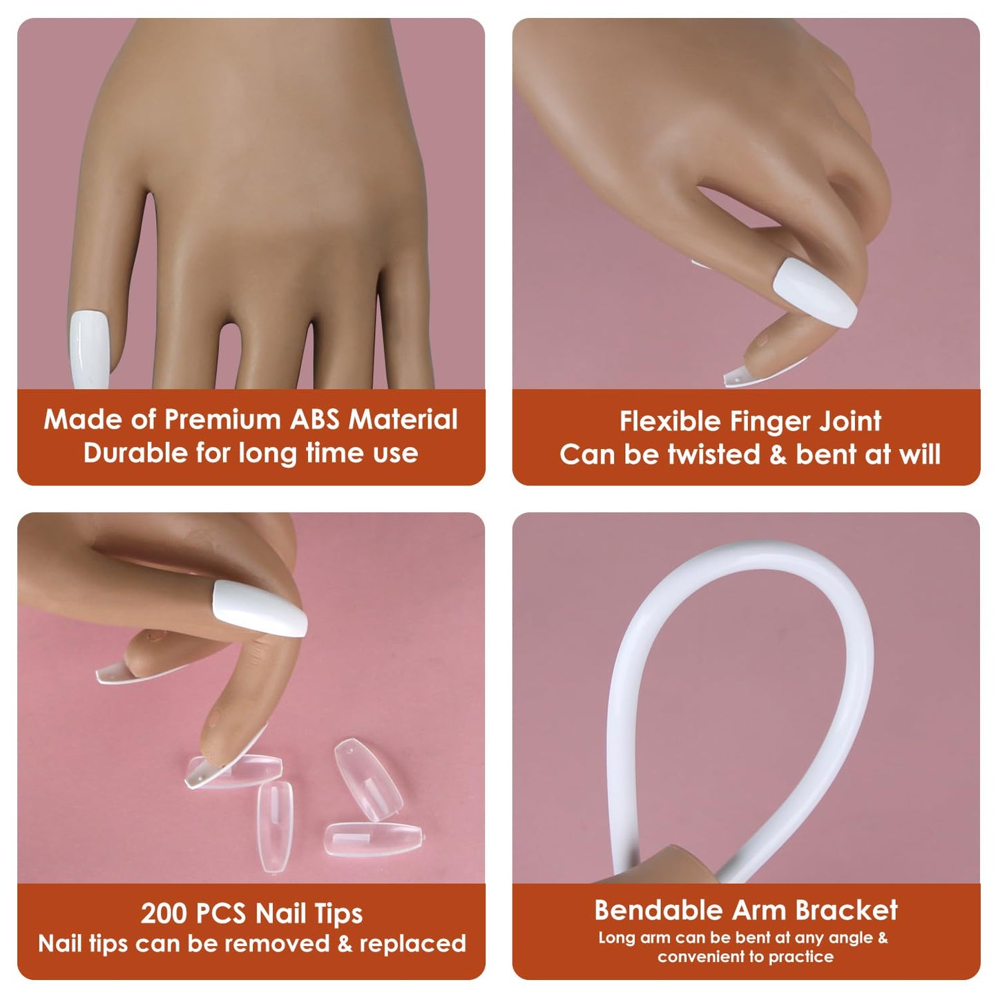 Acrylic Practice Hand Fake Nails Kit, BORNBYME Upgrade Nail Training Adjustable Finger Kits, Fake Nails Hands for Nail Beginner Practice with 200 PCS Nail Tips, White